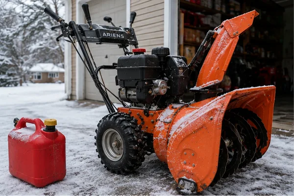 Orange two-stage snow blower parked beside an open garage in cold snowy conditions with the engine and start controls visible.