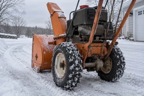 Older orange two-stage snow blower seen from a low rear angle on a packed-snow driveway with the drive wheels and rear axle in the foreground.