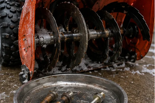 Close view of an older orange two-stage snow blower auger housing with loose shear-bolt hardware on a tray during a shutdown inspection.