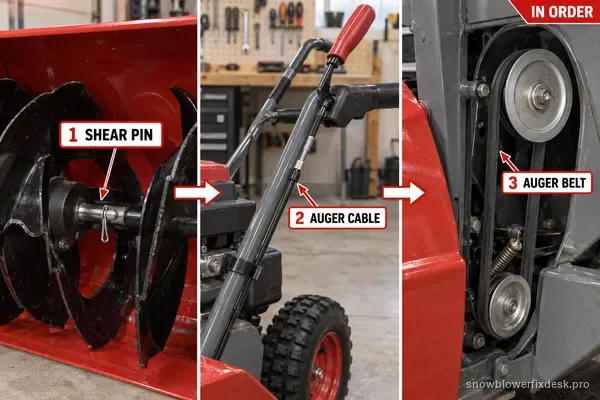 Annotated three-panel view of a grey and red two-stage snow blower showing the auger shear pin, the auger engagement cable and the auger drive belt labelled in order.
