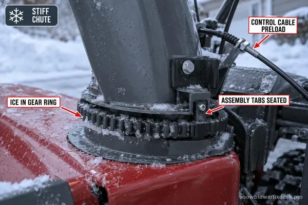 Annotated close view of the chute base and rotation gear of a grey and red two-stage snow blower with labels for ice in the gear ring, seating the assembly tabs and control cable preload.