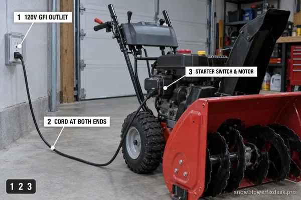 Annotated view of a red and black two-stage snow blower plugged into a wall outlet with three numbered labels for a live 120V GFI outlet, the cord at both ends and the starter switch and motor.