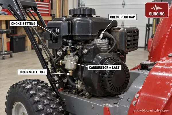 Annotated view of a small snow blower engine on a grey and red machine with labels for the choke setting, draining stale fuel, checking the spark plug gap and treating the carburetor as the last step.