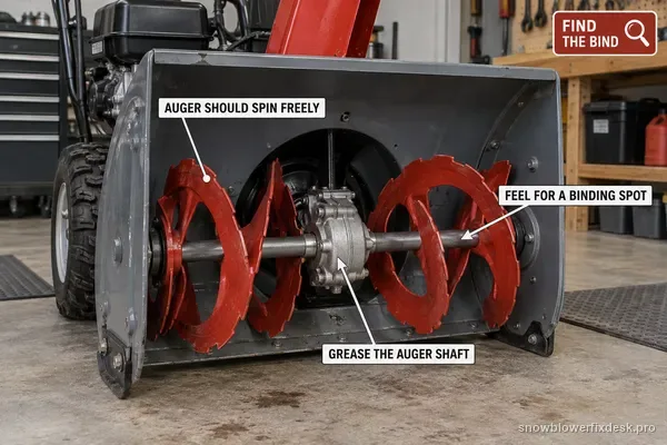 Annotated view of a grey and red two-stage snow blower auger being checked for free rotation, labelled to spin the auger freely, feel for a binding spot and grease the auger shaft.