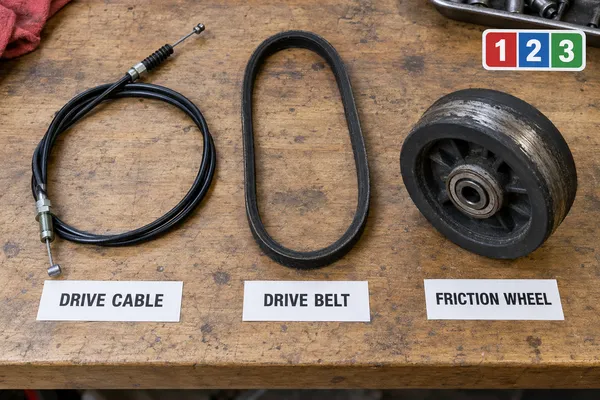 Annotated workbench flat-lay of three removed snow blower drive parts in a row - a control cable, a v-belt and a worn rubber friction wheel - each with a printed label card.