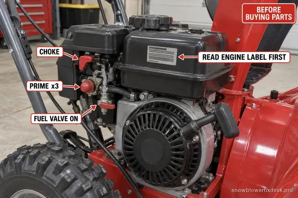 Annotated view of a grey and red two-stage snow blower engine with a bold label on the engine identification label plus smaller labels for the fuel valve, choke and primer.