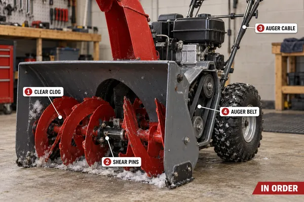 Annotated view of a grey and red two-stage snow blower auger housing with four printed callout labels marking clear the clog, shear pins, auger cable and auger belt in order.