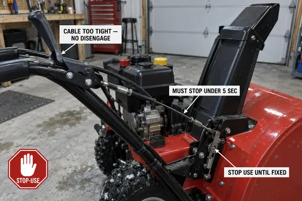 Annotated close view of the released auger control lever and its cable on a red and black two-stage snow blower, labelled that the cable is too tight to disengage, that it must stop under five seconds and to stop use until fixed.