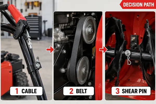 Annotated three-panel photo of a red and black two-stage snow blower showing the auger control cable, the auger drive belt and the auger shear pin labelled in check order.
