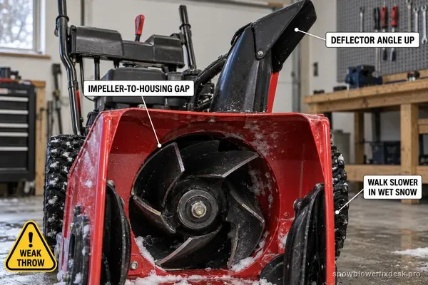 Annotated view into the impeller and discharge opening of a red and black two-stage snow blower, with printed labels for the impeller-to-housing gap, deflector angle and walking pace in wet snow.