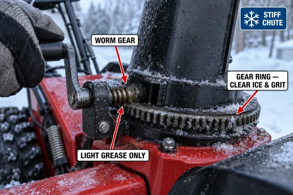 Annotated close view of the chute rotation gear ring and hand-crank worm gear on a red and black two-stage snow blower, with labels for clearing ice and grit and light greasing.