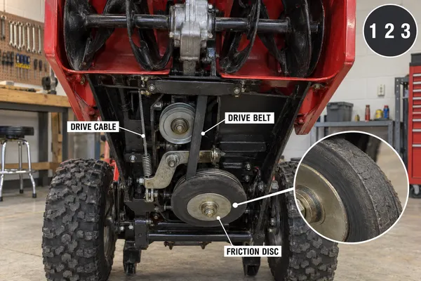 Annotated underside photo of a red and black two-stage snow blower with callout labels for the drive cable, drive belt and a worn friction disc shown under a magnifier circle.