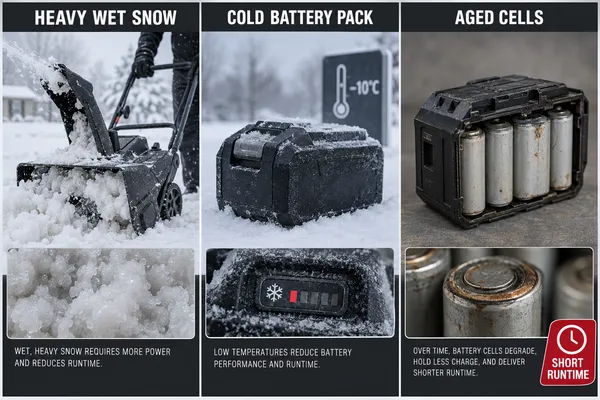 Annotated three-column comparison about a cordless snow blower battery, columns labelled heavy wet snow, cold battery pack and aged cells, each with a short note on why runtime drops.