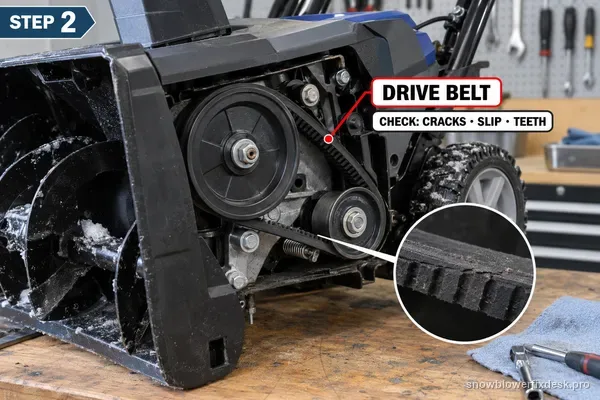 Annotated close view of a cordless snow blower with the belt cover removed, a bold leader line labelling the rubber drive belt and a magnifier circle over a worn section.