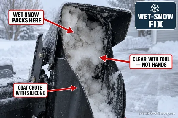 Annotated cutaway-style photo of a snow blower discharge chute packed with wet snow, with labels for where wet snow packs, clearing with a tool not hands, and coating the chute.