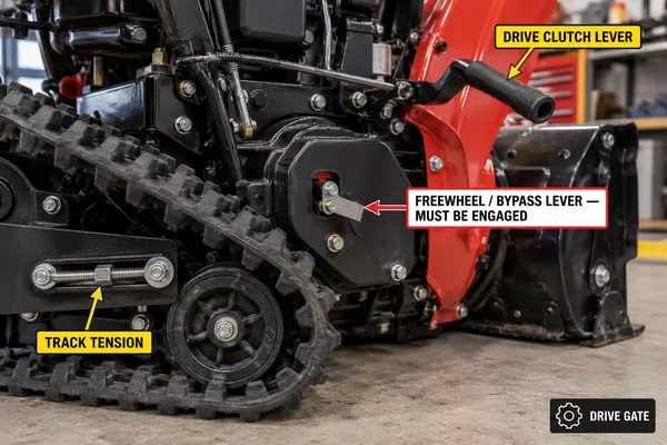 Annotated view of the lower drive area of a tracked two-stage snow blower with a bold label on the freewheel or bypass release lever plus labels for the drive clutch lever and track tension.