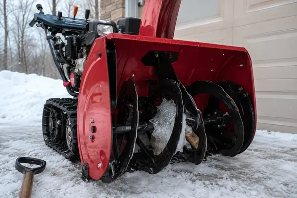 Red tracked two-stage snow blower with ice and a small piece of wood visibly wedged in the auger housing during engine-off inspection.