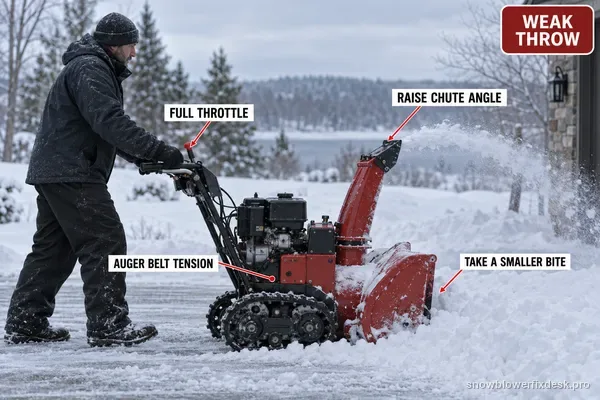 Annotated side view of a tracked two-stage snow blower throwing a short weak arc of snow, with labels for full throttle, a smaller bite, a higher chute angle and auger belt tension.