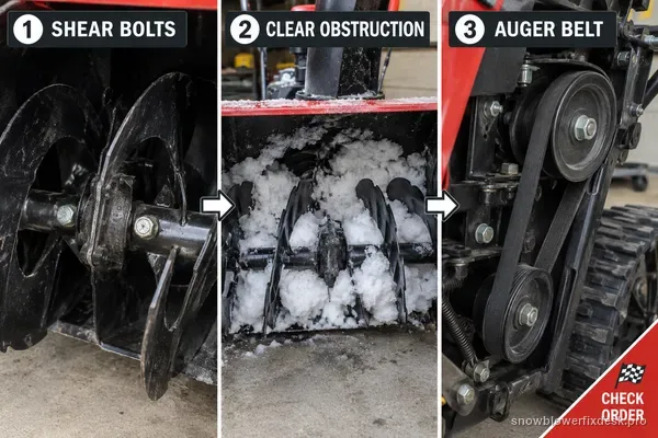 Annotated three-panel view of a tracked two-stage snow blower showing the auger shear bolts, packed snow in the housing, and the auger drive belt labelled in check order.