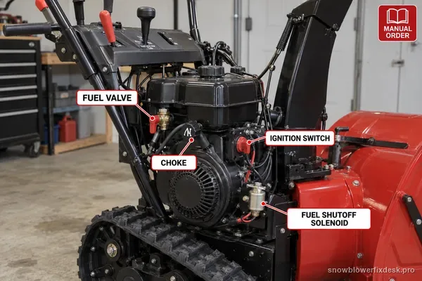 Annotated view of the control panel and engine side of a black and red tracked two-stage snow blower, with printed labels for the fuel valve, choke, ignition switch and fuel shutoff solenoid.