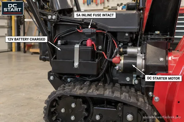 Annotated view of the battery and wiring area of a red tracked two-stage snow blower, labelled for a charged 12V battery, an intact 5A inline fuse and the DC starter motor.