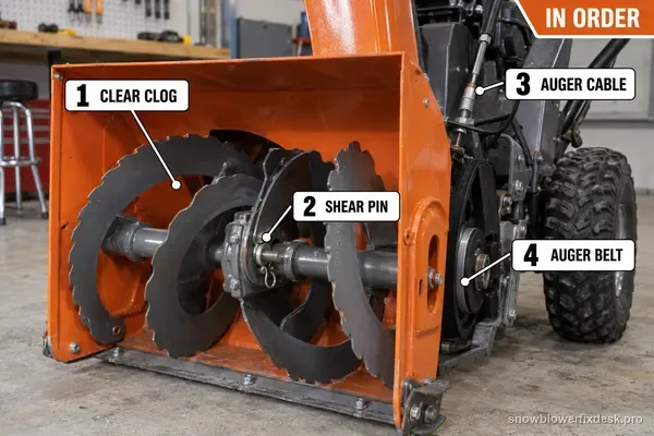 Annotated view of the auger housing of an orange and grey two-stage snow blower with four numbered labels for clearing a clog, the shear pin, the auger cable and the auger belt.