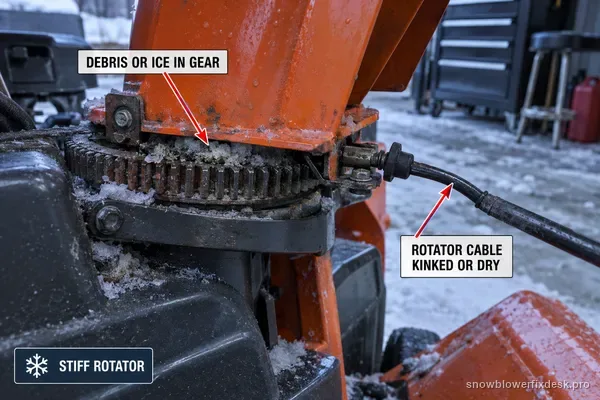 Annotated close view of the chute rotation gear and the remote rotator cable on an orange and grey two-stage snow blower, labelled for debris or ice in the gear and a kinked or dry rotator cable.