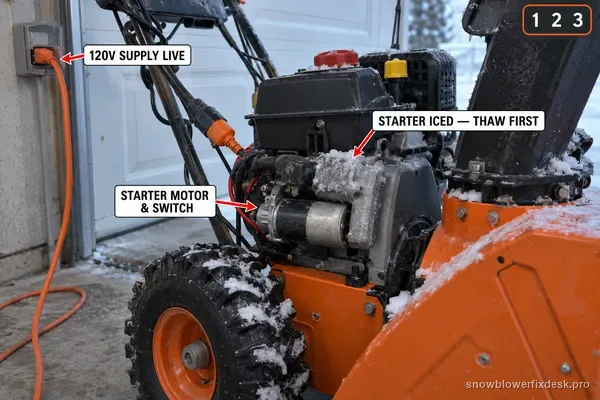 Annotated view of the electric-start area of an orange and grey two-stage snow blower with a plugged-in cord, labelled for a live 120V supply, a starter iced and needing a thaw, and the starter motor and switch.