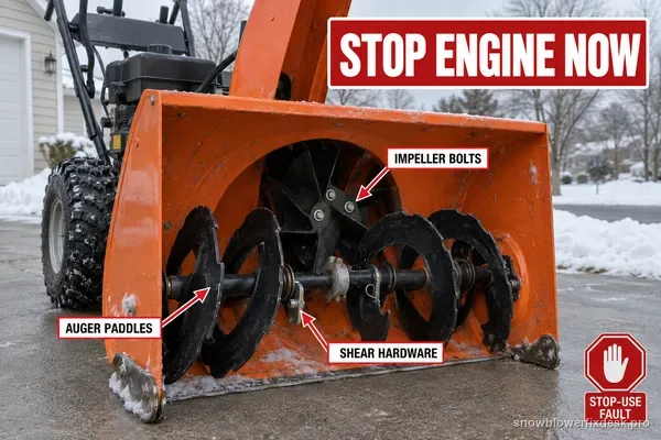 Annotated view of an orange two-stage snow blower stopped on a driveway with a large stop-engine label plus labels for the auger paddles, shear hardware and impeller bolts.