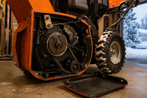 Orange two-stage snow blower in a garage with the lower drive cover removed to expose belt, pulley, cable, and friction-drive components.