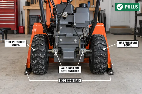 Annotated rear view of an orange and grey two-stage snow blower with labels for equal tire pressure, both axle lock pins engaged and even skid shoes.