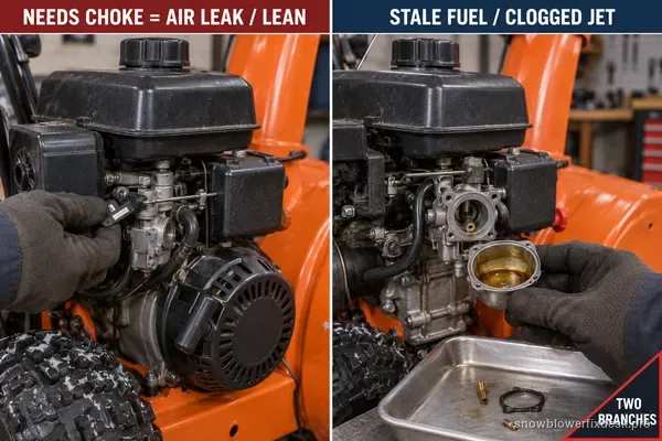 Annotated view of an orange two-stage snow blower engine split into two labelled branches, one for a lean or air-leak cause when the engine needs choke, one for stale fuel or a clogged jet.