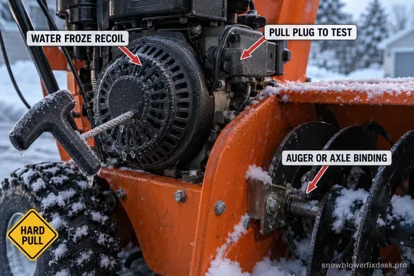 Annotated close view of the recoil starter and pull handle on an orange two-stage snow blower with labels for a frozen recoil, auger or axle binding and pulling the spark plug to test.