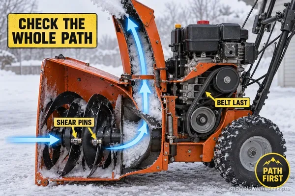 Annotated side-cutaway-style view of an orange two-stage snow blower with a bright arrow tracing the snow path from auger to chute and labels for checking the whole path, shear pins and the belt last.