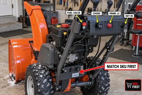 Annotated view of an orange and grey two-stage snow blower with a bold label on the model and SKU sticker plus smaller labels for the fuel valve, choke, primer and key.