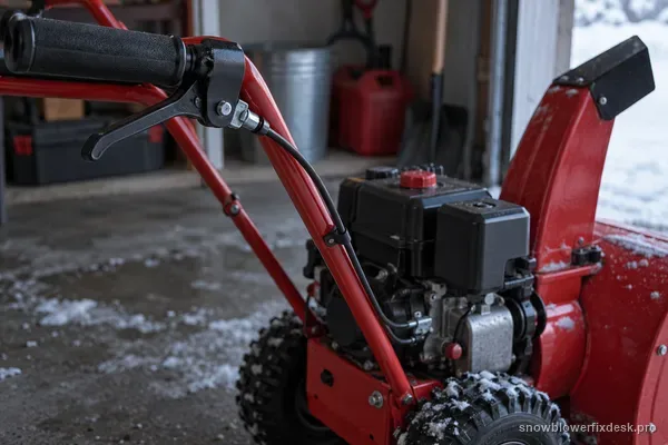 Released control bar at the handlebar of a red single-stage snow blower with the rotor-control cable traced down to the switched-off engine.