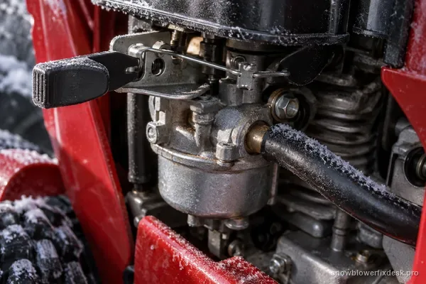 Close view of the choke lever and fuel line into the carburetor of a small red single-stage snow blower engine with light frost on the metal.