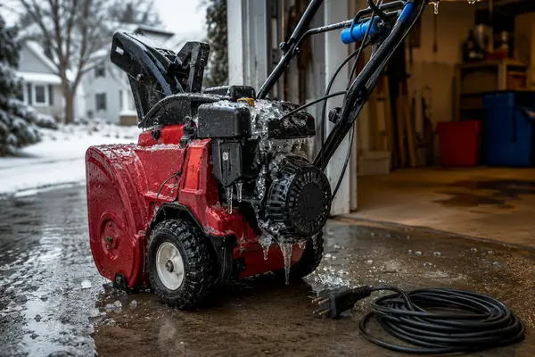 Red single-stage snow blower with frost around the starter area and an unplugged outdoor extension cord beside the garage.
