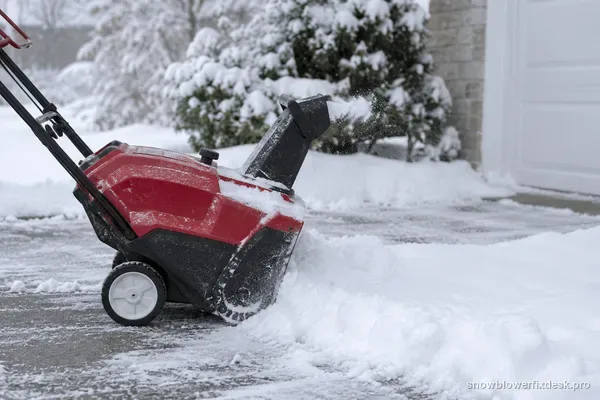 Red single-stage snow blower on a driveway pushing out only a short weak stub of snow from the discharge chute instead of a long arc.