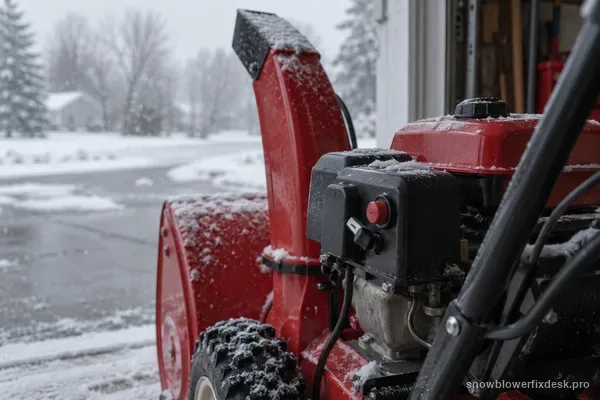 Red single-stage snow blower parked outside an open garage door during light falling snow with the primer and choke area of the engine in focus.