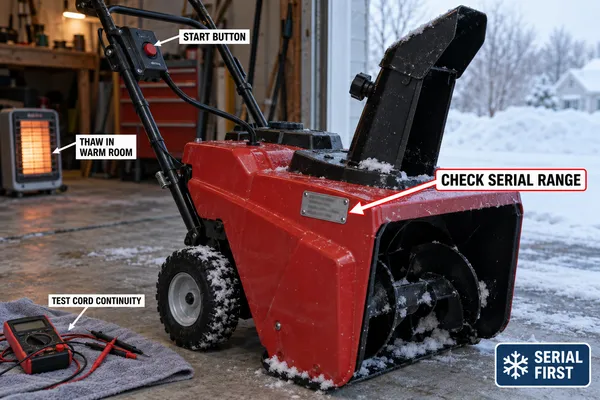 Annotated view of a red single-stage snow blower with a bold label on the serial-number plate plus labels for thawing in a warm room, testing cord continuity and the start button.