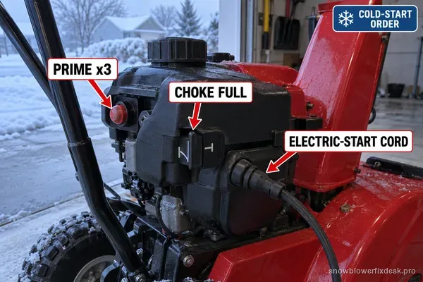Annotated photo of a red single-stage snow blower engine area with callout labels for priming, full choke and the electric-start cord in the correct cold-start order.