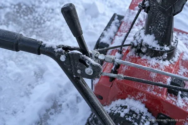Overhead close view of the Quick Shoot chute-control lever and linkage rods at the handlebar of a red single-stage snow blower with frost on the joints.