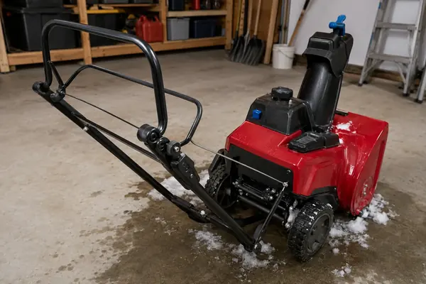 Red single-stage snow blower in a garage with the released control bar and rotor-control cable path visible for inspection.