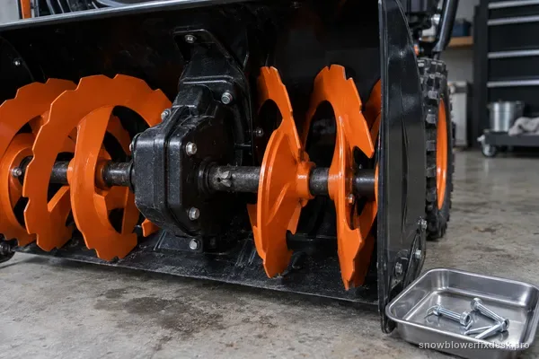Auger housing of a black and orange two-stage snow blower with a shear-bolt hole visible on the auger shaft and replacement shear pins on a metal tray beside it.