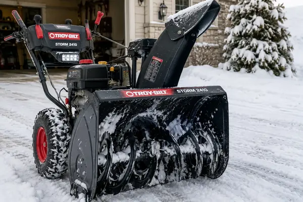 Troy-Bilt Storm 2410 snow blower with engine and control area visible during an outdoor run-quality diagnosis.