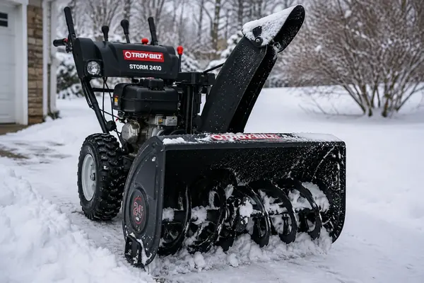 Troy-Bilt Storm 2410 snow blower parked in cold snowy conditions for a model-specific no-start inspection.